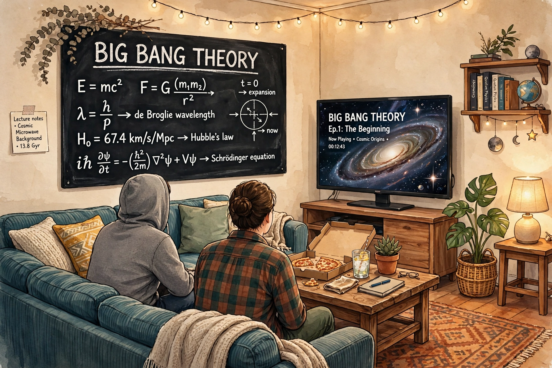 Big Bang Theory captions - original living room illustration with couch, TV and chalkboard