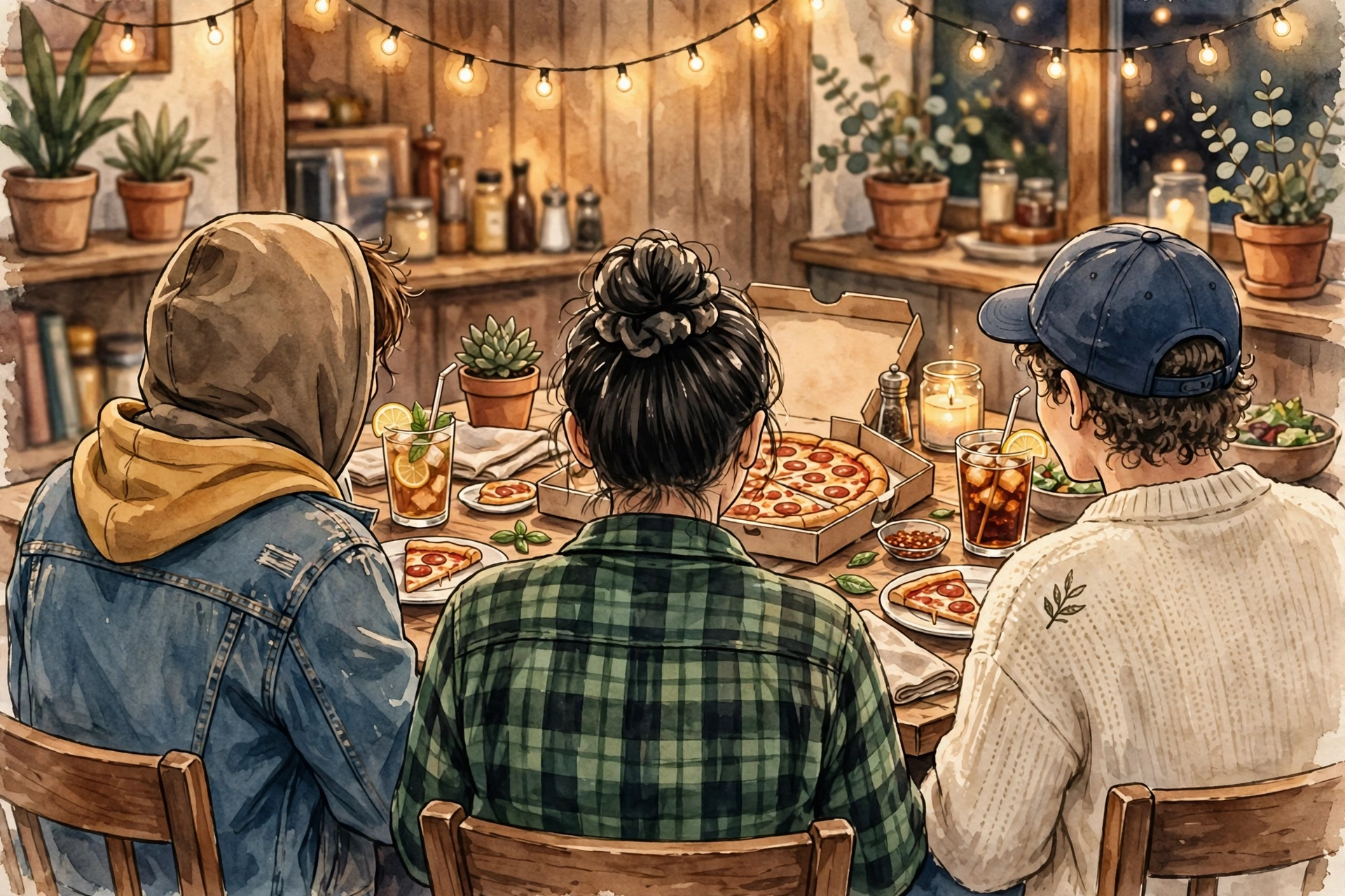 Big Bang Theory captions - original pizza night illustration, friends fully clothed