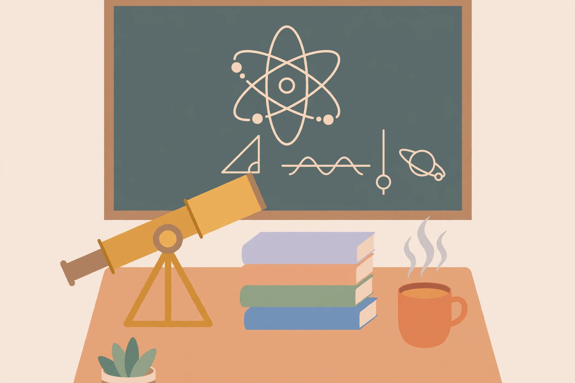 Big Bang Theory captions - original science desk illustration with telescope and chalkboard