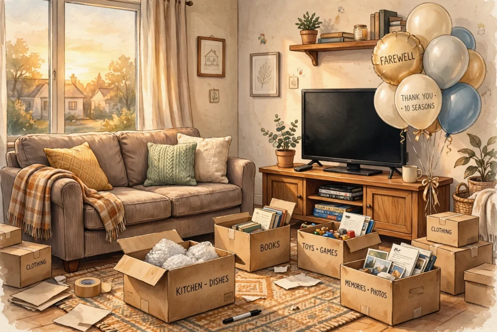 Why did Big Bang Theory end - original farewell living room illustration with couch and boxes