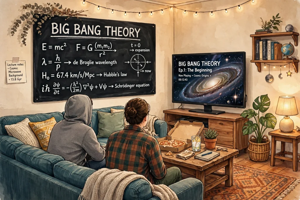 Big Bang Theory captions - original living room illustration with couch, TV and chalkboard