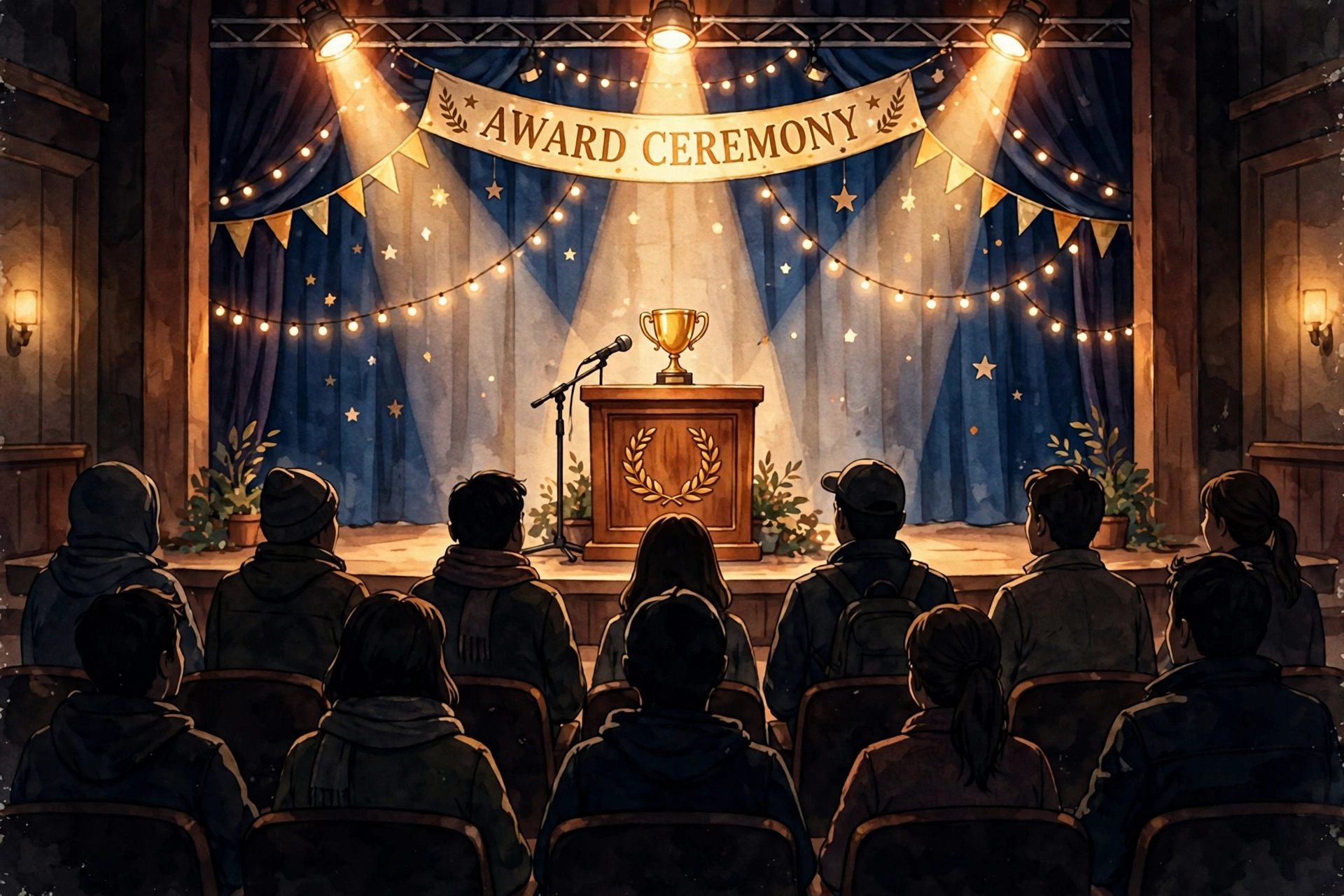 Big Bang Theory scenes - original award stage illustration with spotlight and trophy
