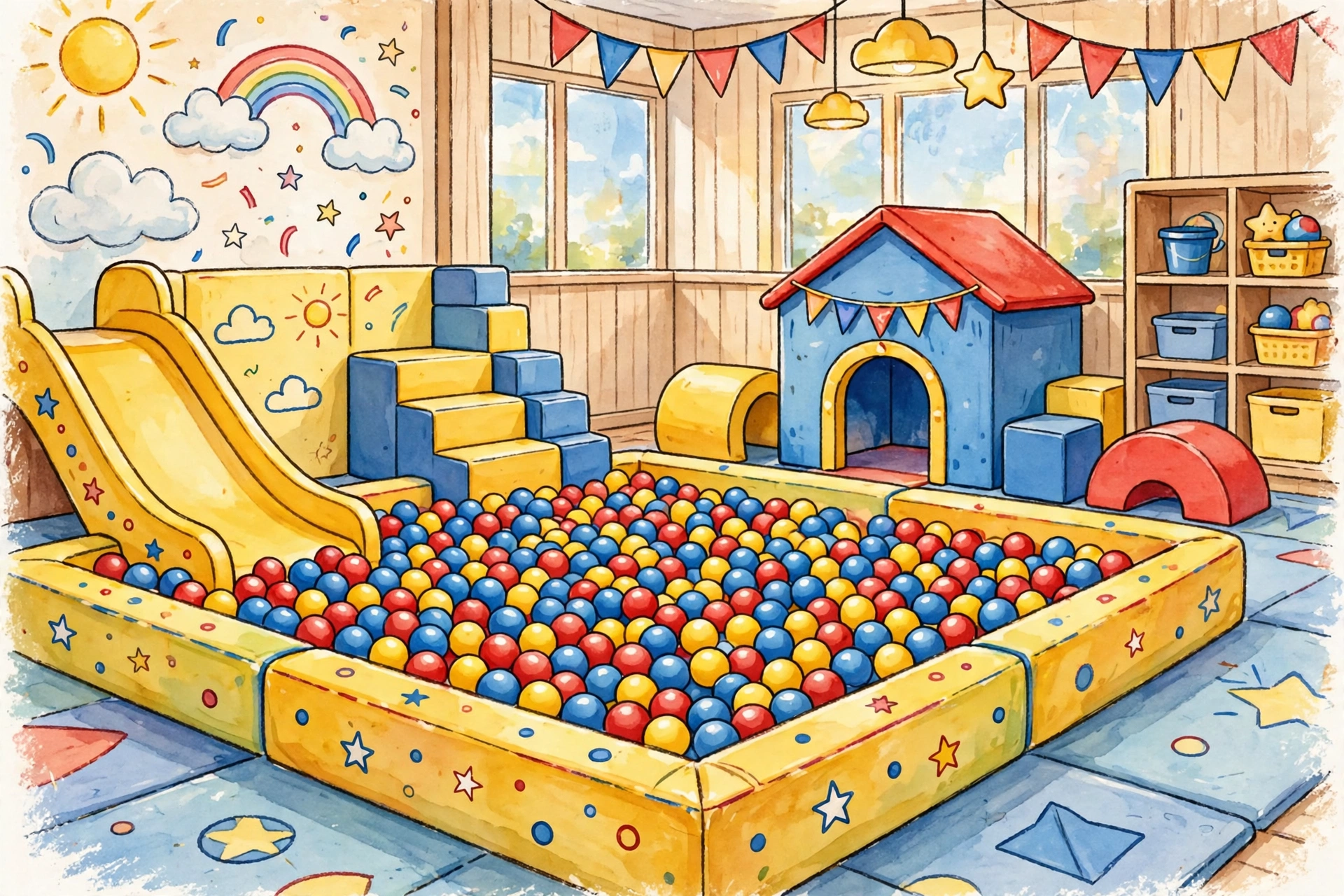 Big Bang Theory scenes - original ball pit illustration with colorful balls