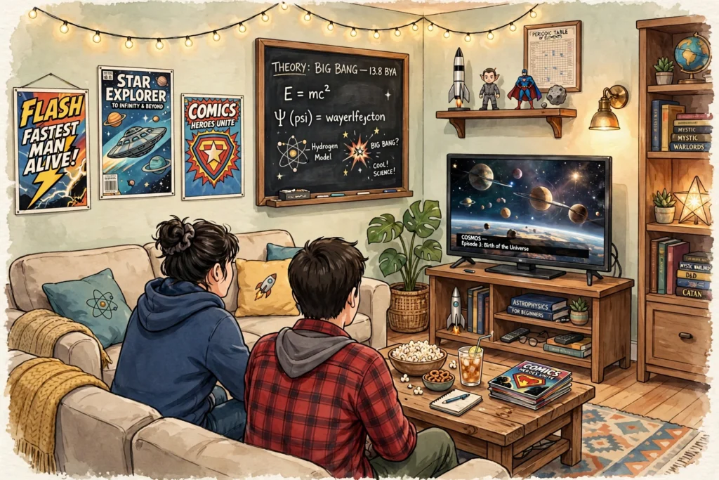 Big Bang Theory scenes - original living room illustration with couch, TV and chalkboard