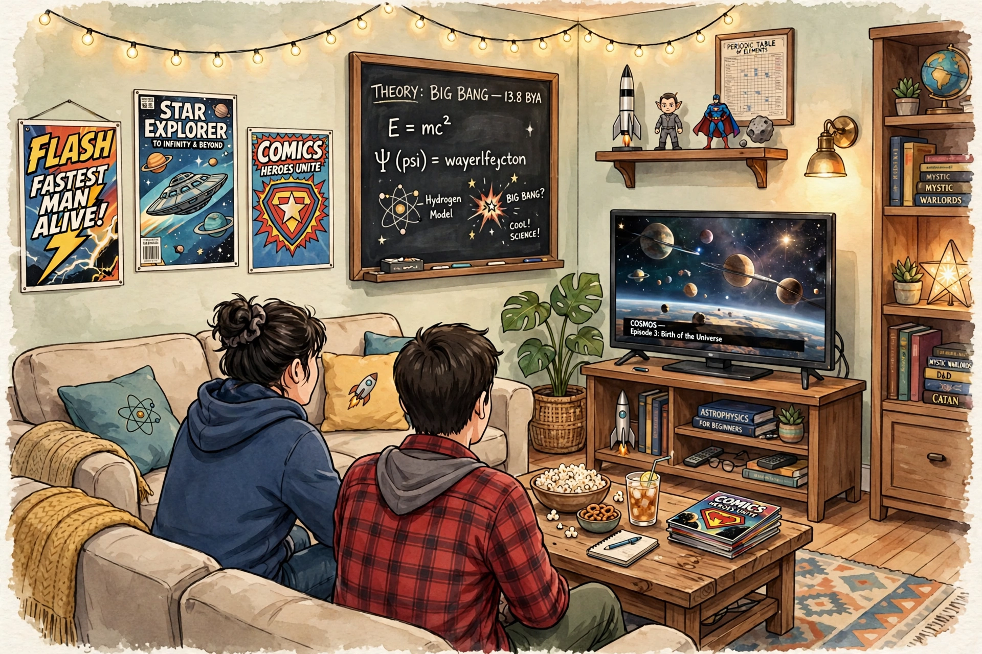 Big Bang Theory scenes - original living room illustration with couch, TV and chalkboard
