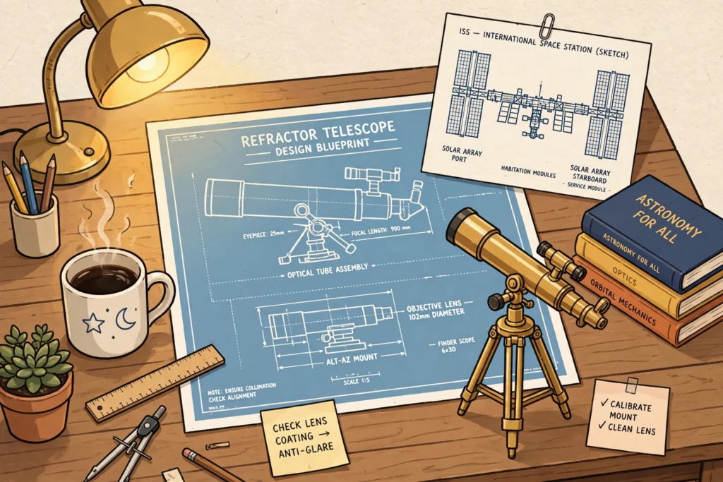 Simon Helberg net worth — original engineer desk illustration with telescope blueprints and space station sketch