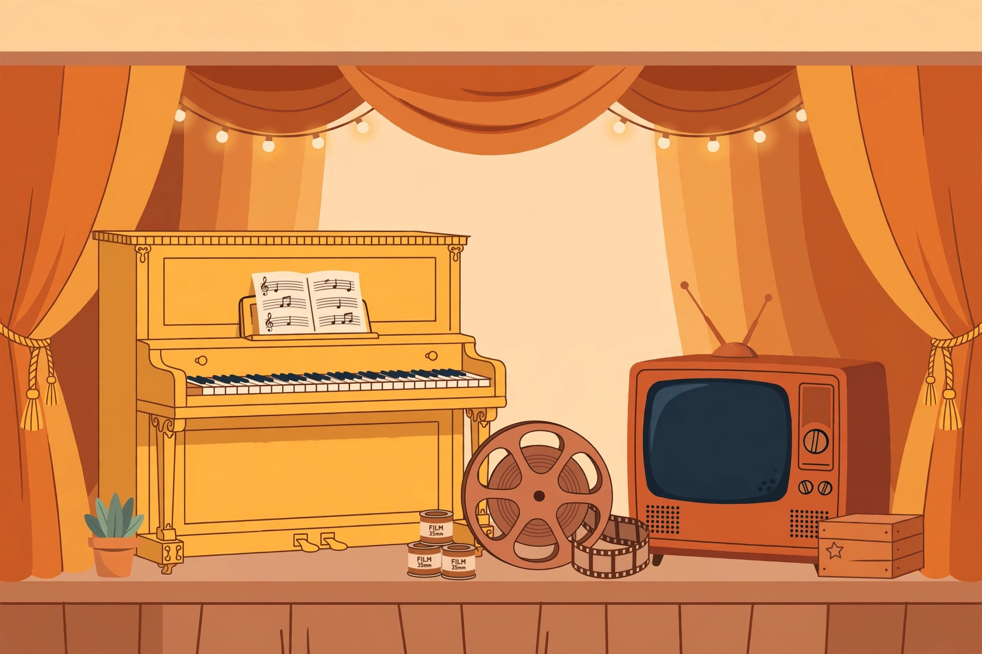 Simon Helberg net worth — original piano, film reel and retro TV illustration