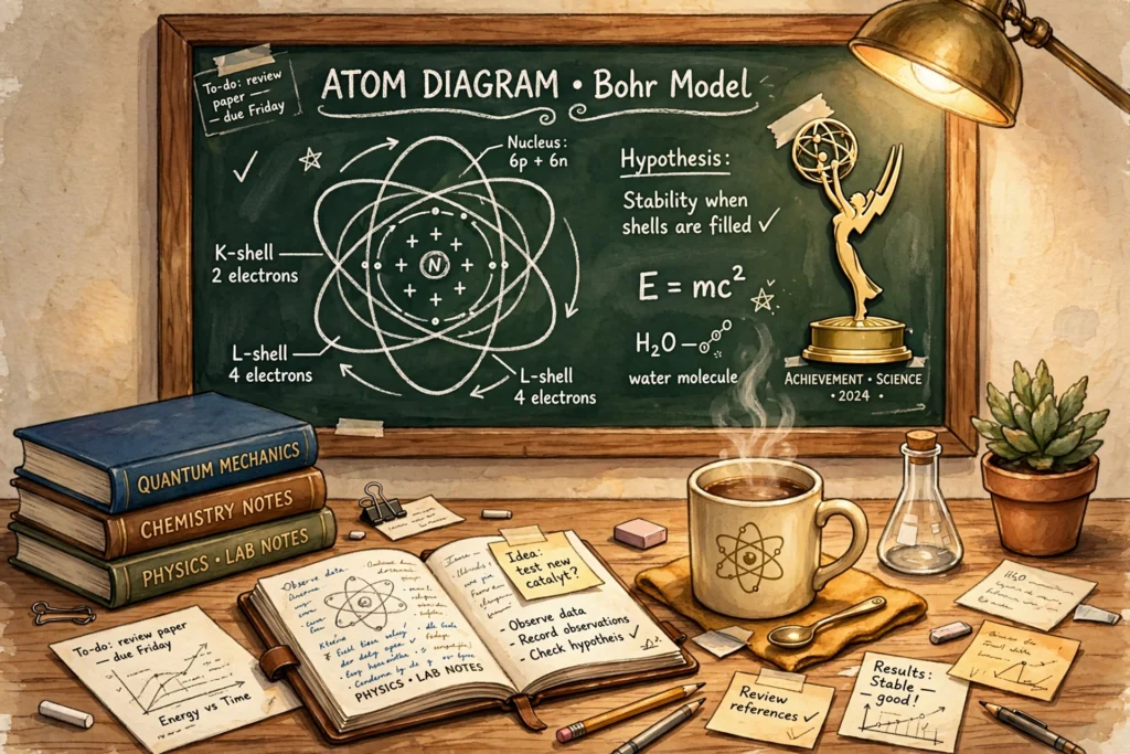 Jim Parsons net worth - original genius desk illustration with chalkboard and trophy