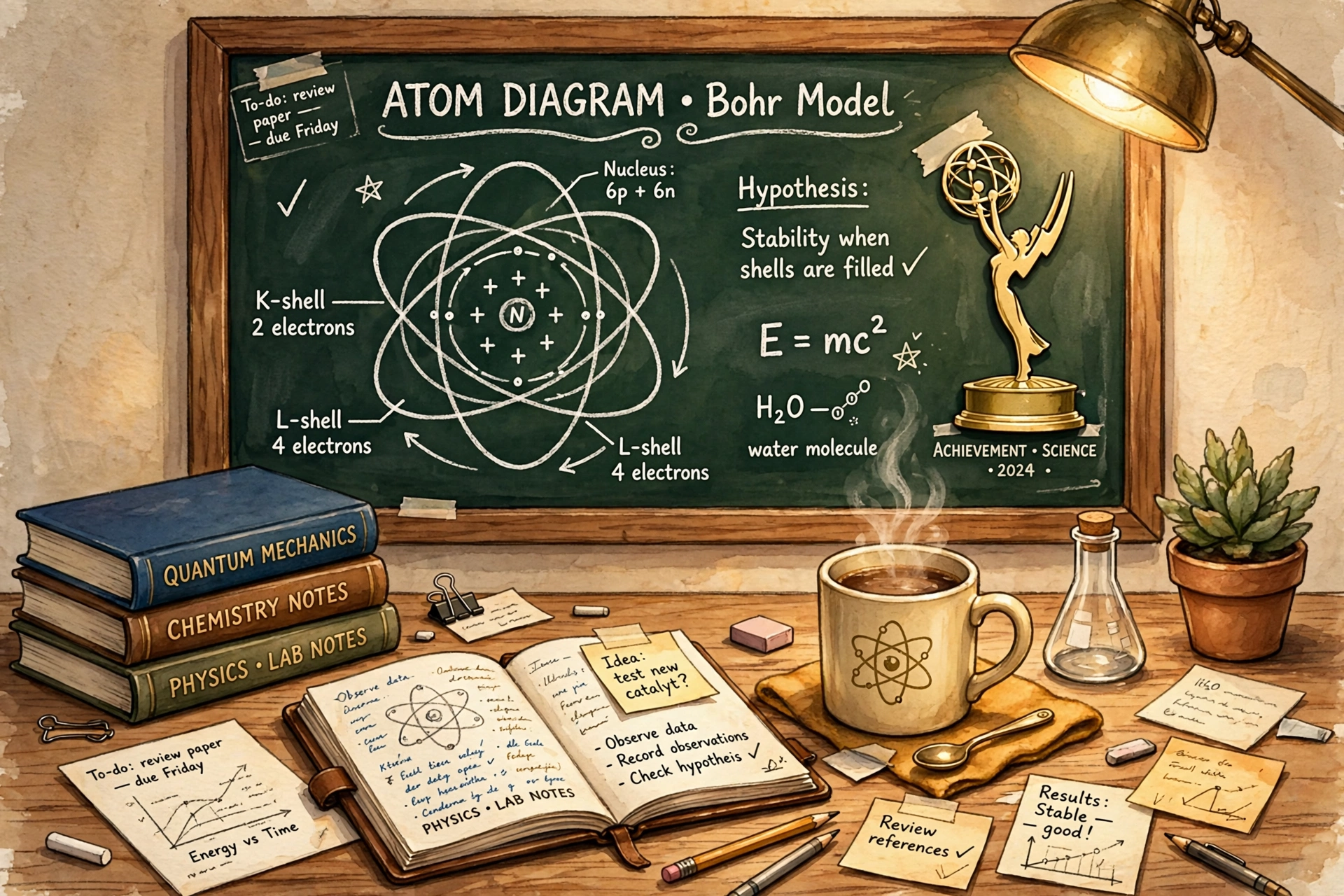 Jim Parsons net worth - original genius desk illustration with chalkboard and trophy