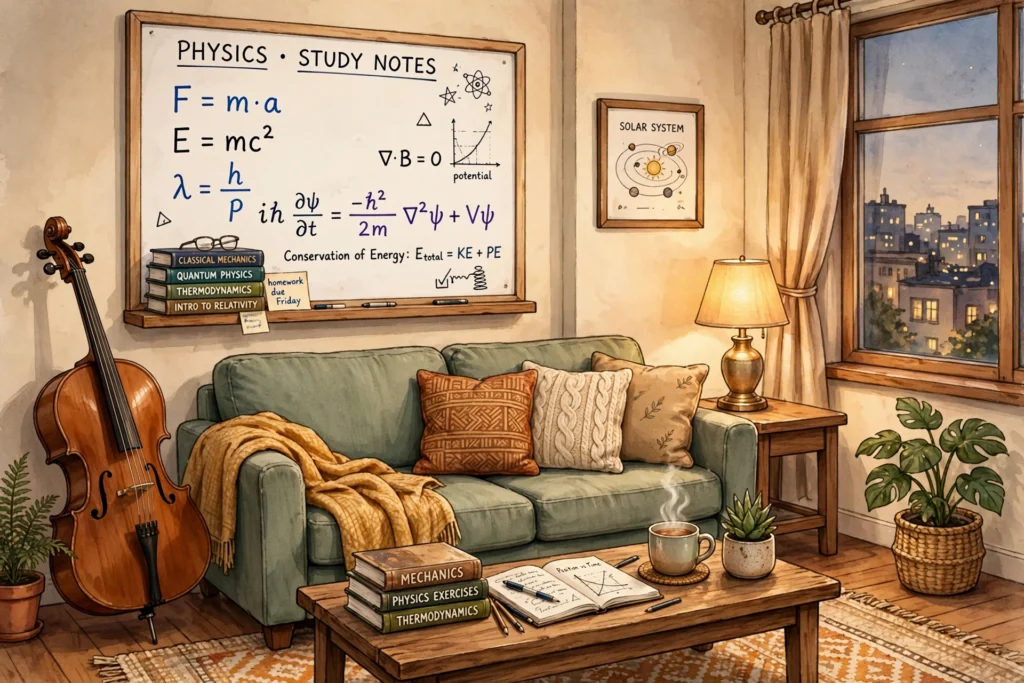 Johnny Galecki net worth - original apartment illustration with cello and physics books