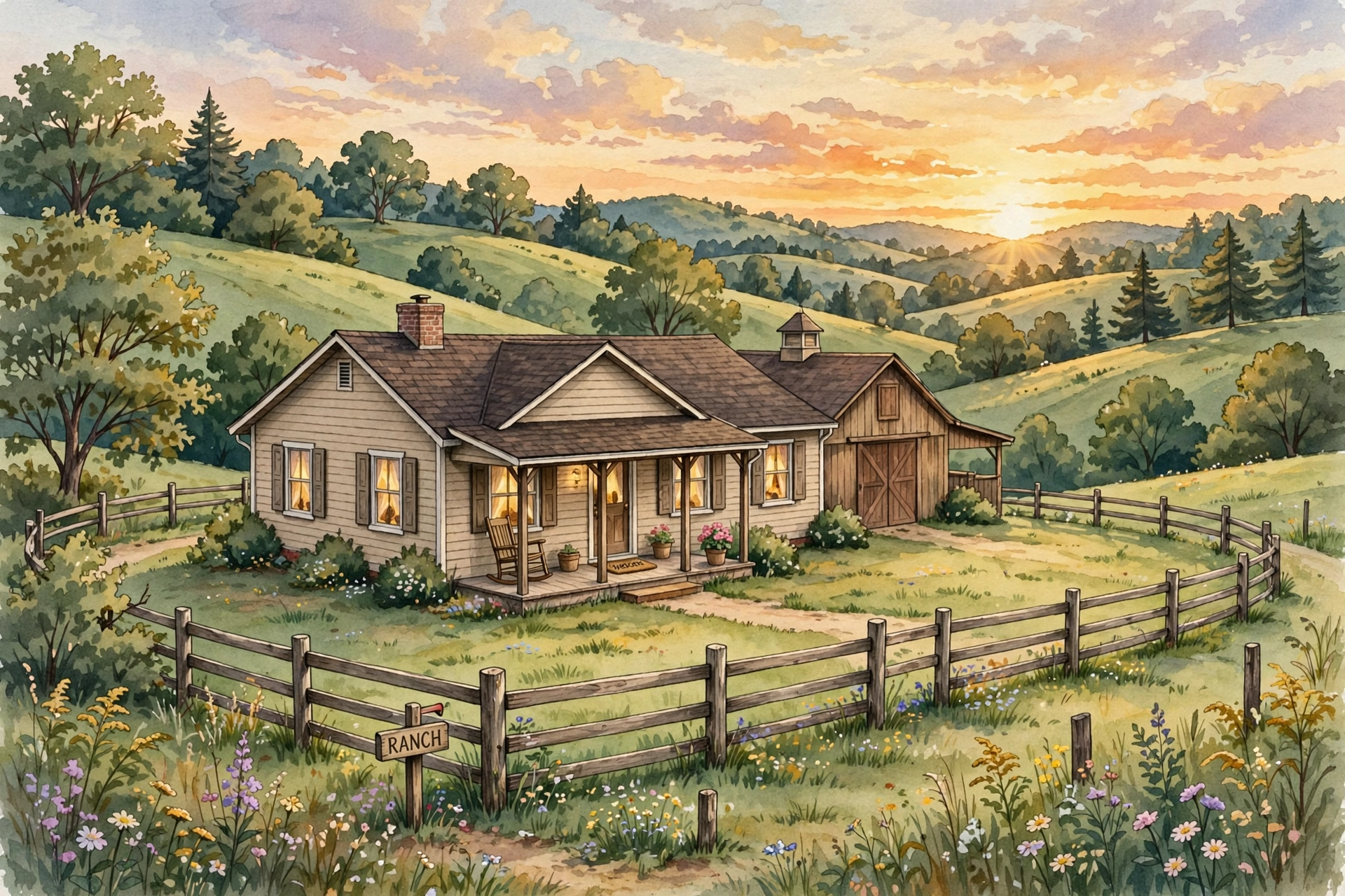 Johnny Galecki net worth - original Nashville ranch illustration with house and hills