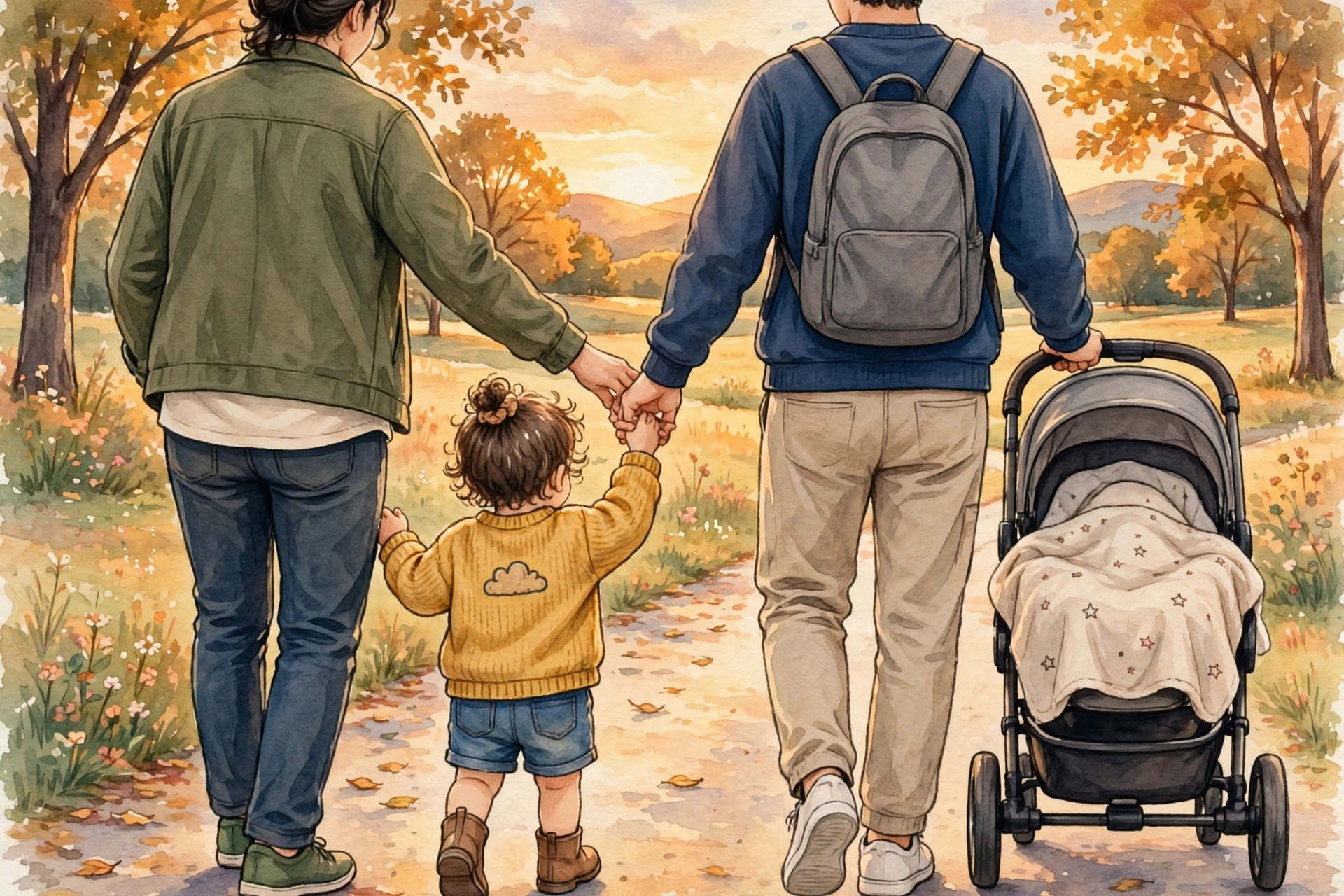 Kaley Cuoco daughter - original family of four illustration from behind, fully clothed
