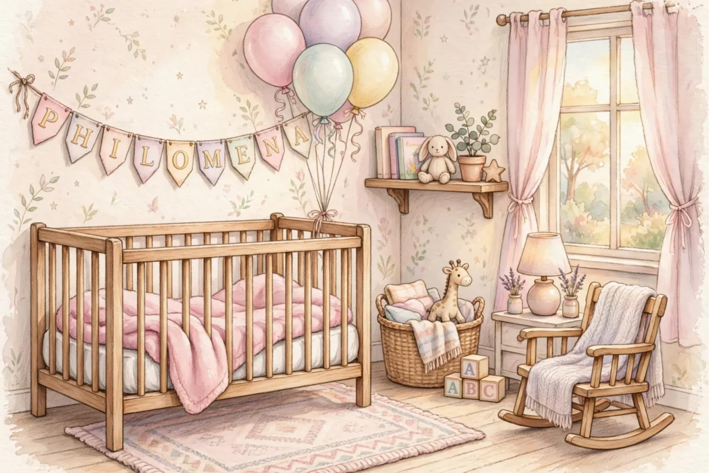 Kaley Cuoco daughter - original nursery illustration with crib and Philomena banner