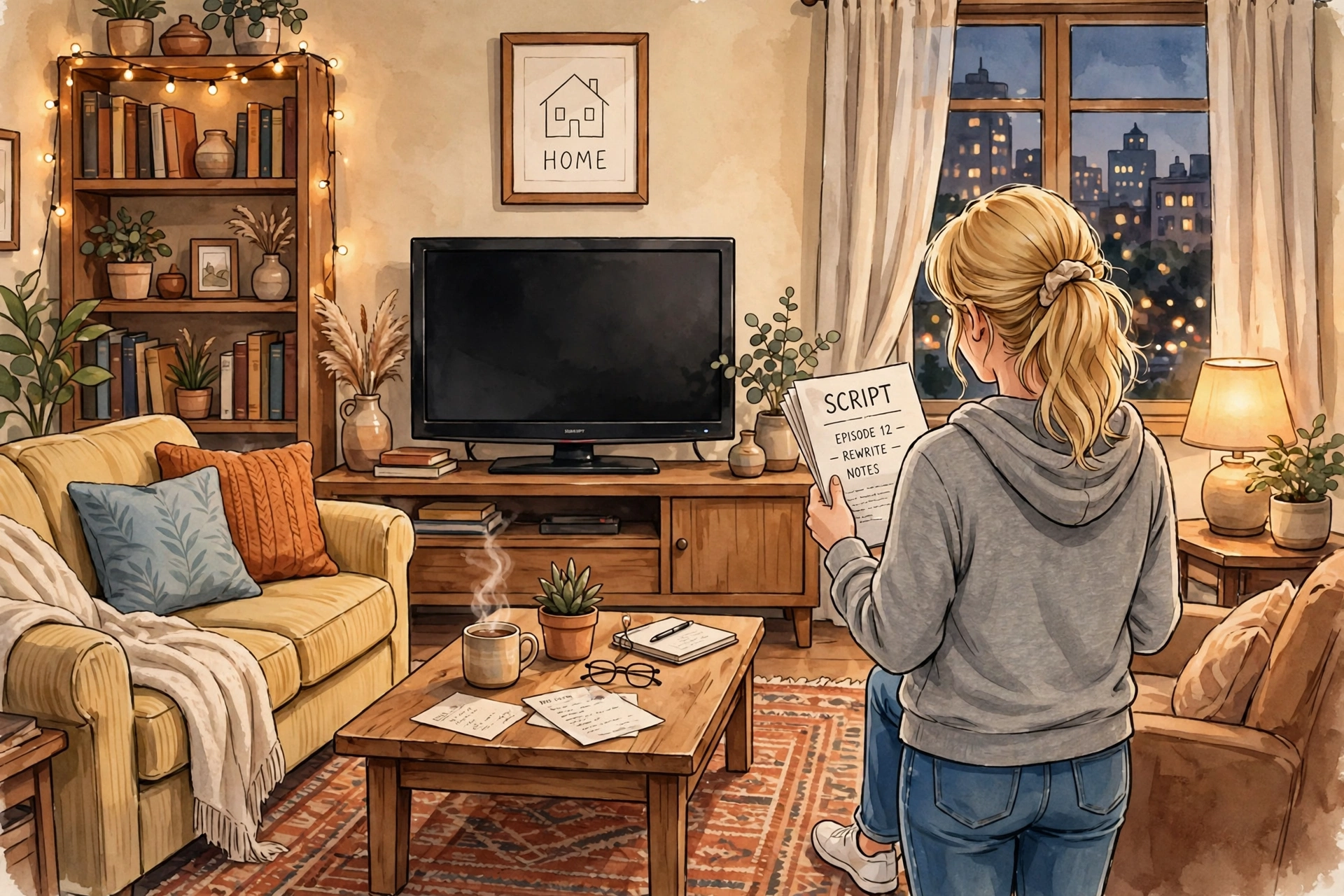 Kaley Cuoco daughter - original sitcom living room illustration inspired by Penny scenes