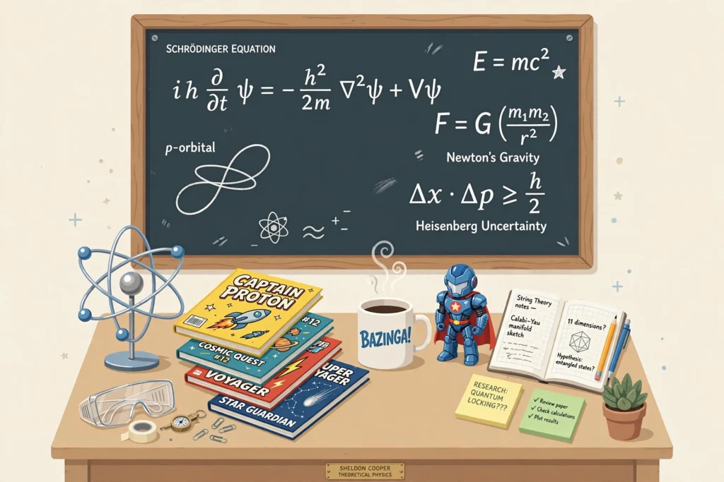 Sheldon Cooper captions - original genius desk illustration with chalkboard and atom